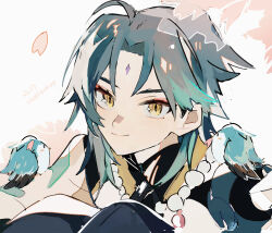 Rule 34 | 1boy, animal on arm, bare shoulders, bird, bird on arm, black shirt, blue hair, closed mouth, dated, detached sleeves, falling petals, forehead, forehead jewel, genshin impact, green hair, happy birthday, highres, long sleeves, looking at viewer, loomyoi2, male focus, multicolored hair, parted bangs, petals, shirt, simple background, sleeveless, sleeveless shirt, smile, solo, two-tone hair, white background, xiao (genshin impact), yellow eyes