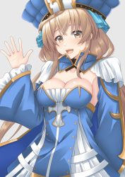 Rule 34 | 1girl, blue headwear, breasts, brown eyes, brown hair, cindy (sennen sensou aigis), cleavage, gold trim, grey background, hand up, highres, long hair, medium breasts, sano souichi, sennen sensou aigis, simple background, solo, standing, wide sleeves
