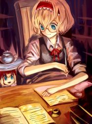 Rule 34 | 1girl, alice margatroid, alternate costume, bespectacled, blonde hair, blue eyes, book, bow, chair, doll, glasses, hairband, kozou (soumuden), lolita hairband, long hair, long sleeves, looking at another, one-hour drawing challenge, open book, open mouth, paper, shanghai doll, shirt, short hair, sitting, smile, solo, teapot, touhou, tray, white shirt