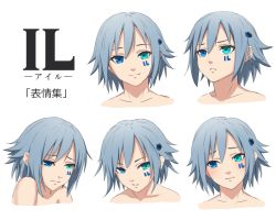 Rule 34 | &gt;:(, 1girl, aqua eyes, blue eyes, blue hair, blush, character name, closed mouth, commentary request, embarrassed, expressions, facial tattoo, frown, hair ornament, hairclip, heterochromia, il (sugi 214), looking at viewer, looking away, looking down, looking to the side, multiple views, nude, original, parted lips, portrait, sad, short hair, smile, sugi 214, tattoo, tears, translated, v-shaped eyebrows