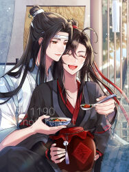 Rule 34 | 2boys, ^ ^, ahoge, artist name, bell, bishounen, black hair, bowl, brown eyes, chinese clothes, closed eyes, closed mouth, collarbone, commentary request, curtains, day, floating hair, food, hair between eyes, hair bun, hair ornament, hair ribbon, hanfu, headband, high ponytail, highres, holding, holding bowl, holding spoon, indoors, jingle bell, lan wangji, laughing, light particles, light rays, long hair, long sleeves, looking at another, male focus, modao zushi, multiple boys, open mouth, parted bangs, ponytail, red ribbon, ribbon, robe, sidelocks, single hair bun, sitting, smile, spoon, sunlight, tassel, teeth, tian (sl11190), tongue, tree, twitter username, watermark, wei wuxian, white headband, white robe