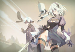 Rule 34 | 1boy, 1girl, black dress, black thighhighs, blindfold, breasts, center opening, copyright name, dress, holding, holding sword, holding weapon, juliet sleeves, katana, leotard, long sleeves, lor968, medium breasts, mole, mole under mouth, nier (series), nier:automata, open mouth, outstretched arm, parted lips, pod (nier:automata), puffy sleeves, short dress, short hair, standing, sword, thigh strap, thighhighs, weapon, white hair, white leotard, 2b (nier:automata), 9s (nier:automata)