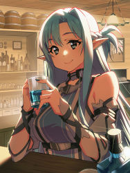 Rule 34 | 1girl, asuna (sao-alo), bare shoulders, blue eyes, blue hair, braid, breasts, detached sleeves, elf, highres, holding, indoors, large breasts, long hair, looking at viewer, medium breasts, nail polish, pointy ears, smile, solo, sword art online, zhanzheng zi