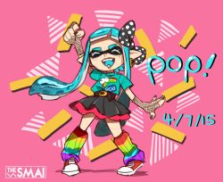 Rule 34 | 1girl, artist name, bad id, bad tumblr id, blue hair, bow, dated, fangs, fingerless gloves, fist pump, gloves, hair bow, inkling, inkling girl, inkling player character, leg warmers, nail polish, nintendo, pink background, pointy ears, sami (artist), sami briggs, shoes, simple background, skirt, sneakers, solo, splatoon (series), splatoon 1, striped, striped background, tentacle hair, tentacles