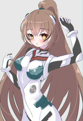 Rule 34 | 1girl, :o, absurdres, bodysuit, brown eyes, brown hair, cosplay, grey background, hair tie, highres, hololive, hololive english, interface headset, long hair, looking at viewer, magui3, multicolored hair, nanashi mumei, neon genesis evangelion, pilot suit, plugsuit, ponytail, simple background, skin tight, solo, streaked hair, very long hair, virtual youtuber, white bodysuit