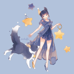Rule 34 | 1girl, animal, artist name, asymmetrical footwear, bare legs, black hair, black nails, blue background, blue dress, blue eyes, blue footwear, bow, breasts, commentary, cone hair bun, dog, double bun, dress, frilled dress, frills, full body, hair bun, hat, head tilt, highres, holding, looking at viewer, mismatched footwear, mokaffe, original, party hat, pursed lips, santa hat, shoes, short hair, short sleeves, sidelocks, simple background, slippers, small breasts, solo, star (symbol), striped clothes, striped footwear, symbol-only commentary, yellow footwear, yellow lips