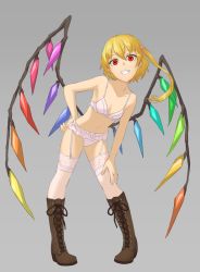 Rule 34 | 1girl, asymmetrical hair, bare shoulders, blonde hair, boots, bra, cross-laced footwear, crystal, flandre scarlet, full body, garter straps, grey background, grin, kurione (zassou), lingerie, looking at viewer, navel, no headwear, panties, red eyes, short hair, side ponytail, simple background, smile, solo, stomach, teeth, thighhighs, touhou, underwear, underwear only, white thighhighs, wings