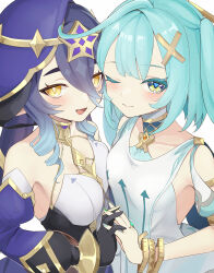 Rule 34 | 2girls, :d, aqua hair, armpit crease, armpit cutout, asymmetrical docking, bare shoulders, black gloves, blue hair, blue nails, blush, bracelet, breast press, breasts, clothing cutout, commentary request, detached sleeves, dress, faruzan (genshin impact), genshin impact, gloves, green eyes, green nails, hair ornament, halterneck, highres, holding hands, hood, jewelry, juliet sleeves, layla (genshin impact), long hair, long sleeves, looking at viewer, multiple girls, nail polish, neck ring, one eye closed, open mouth, puffy sleeves, ring, shoulder cutout, simple background, small breasts, smile, twintails, upper body, ura (hamburg oniku), white background, white dress, x hair ornament, yellow eyes