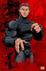 Rule 34 | 1boy, black pants, black shirt, blood, grappler baki, hector doyle, male focus, muscular, pants, red background, red eyes, red hair, shirt, short hair, solo