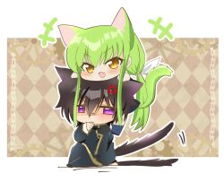 Rule 34 | +++, 1boy, 1girl, :d, absurdres, anger vein, angry, animal ears, argyle, argyle background, ayuko 735, black hair, blush, c.c., cat boy, cat ears, cat girl, cat tail, chibi, chin rest, code geass, commentary request, expressive tail, fang, green hair, hair between eyes, hair ribbon, hand up, happy, head on head, head rest, highres, jitome, kemonomimi mode, lelouch vi britannia, light brown background, long hair, looking at viewer, low ponytail, motion lines, open mouth, purple eyes, ribbon, shaded face, short hair, sidelocks, simple background, sitting, skin fang, slit pupils, smile, straight hair, tail, tail raised, two-tone background, v-shaped eyebrows, very long hair, white background, white ribbon, yellow eyes