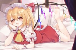 Rule 34 | 1girl, :d, absurdres, ascot, barefoot, blonde hair, blush, chromatic aberration, crystal, curtains, flandre scarlet, frills, hair between eyes, hand on own cheek, hand on own face, haruki (colorful macaron), hat, highres, indoors, legs up, long hair, looking at viewer, lying, miniskirt, mob cap, on stomach, one side up, open mouth, petticoat, pillow, puffy short sleeves, puffy sleeves, red eyes, red ribbon, red skirt, red vest, ribbon, shirt, short sleeves, skirt, skirt set, smile, solo, the pose, thighs, toes, touhou, vest, white hat, white shirt, wings, wrist cuffs
