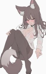 Rule 34 | 1girl, absurdres, animal ears, blush, breasts, brown eyes, brown hair, cat ears, choker, cleavage, collar, collared shirt, feet, female focus, highres, jewelry, looking at viewer, medium hair, open clothes, open shirt, original, ring, shirt, simple background, solo, tail, thighhighs, thighs, white background, zerocat
