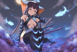 Rule 34 | 1girl, bare shoulders, black dress, black gloves, black headwear, black thighhighs, blue eyes, blunt bangs, blush, breasts, center opening, dress, elbow gloves, fate/grand order, fate (series), gloves, large breasts, long hair, looking at viewer, purple hair, seon (seonon ), solo, thighhighs, thighs, very long hair, yang guifei (fate), yang guifei (third ascension) (fate)