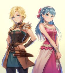 Rule 34 | 2girls, anbe yoshirou, aqua eyes, aqua hair, bare shoulders, bianca (dq5), blonde hair, bow, braid, breasts, cape, choker, cleavage, closed mouth, commentary request, dagger, dragon quest, dragon quest v, dress, earrings, feather trim, feathers, fingernails, flora (dq5), freckles, hair bow, hands on own hips, highres, jewelry, knife, long hair, looking at viewer, medium breasts, multiple girls, own hands together, pantyhose, simple background, single braid, skirt, sleeveless, sleeveless dress, smile, square enix, weapon