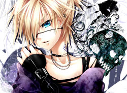 Rule 34 | 1boy, androgynous, blonde hair, blue eyes, collarbone, earrings, hair over one eye, jewelry, kagamine len, male focus, nail polish, necklace, off shoulder, solo, trap, vocaloid