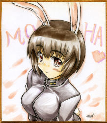 Rule 34 | 10s, 1girl, animal ears, brave witches, breasts, brown hair, heart, masana hatuse, rabbit ears, rabbit girl, rabbit tail, red eyes, shikishi, shimohara sadako, short hair, smile, solo, strike witches, tail, traditional media, world witches series