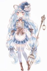 Rule 34 | 1girl, apron, black bow, blue eyes, blue hair, blue skirt, boots, bow, brown corset, brown footwear, closed mouth, corset, cup, cutlery, fork, hair ribbon, hat, hatsune miku, highres, holding, holding fork, knife, long sleeves, marker (medium), oversized object, paruno, pleated skirt, ribbon, skirt, smile, socks, solo, standing, teacup, traditional media, vocaloid, white apron, witch hat