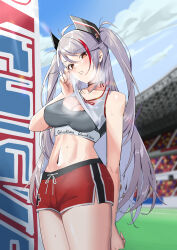 Rule 34 | 1girl, absurdres, azur lane, black choker, breasts, breath, choker, cleavage, crop top, grey hair, highres, large breasts, long hair, medium breasts, midriff, multicolored hair, navel, nukege ojisan, official alternate costume, prinz eugen (azur lane), prinz eugen (brilliant touchdown) (azur lane), red shorts, shorts, solo, sports bra, stadium, streaked hair, twintails, wiping sweat