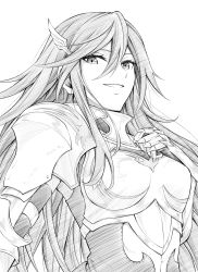 Rule 34 | 1girl, armor, breastplate, cordelia (fire emblem), feather hair ornament, feathers, fire emblem, fire emblem awakening, gloves, greyscale, hair between eyes, hair ornament, long hair, looking at viewer, monochrome, nintendo, pegasus knight uniform (fire emblem), smile, solo, ten (tenchan man), upper body, white background