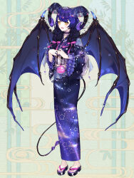 Rule 34 | 1girl, :d, bat wings, black hair, black veil, blue capelet, blue wings, braid, capelet, chain paradox, choker, crescent, curled horns, demon girl, demon horns, demon tail, demon wings, double-parted bangs, frilled choker, frilled sleeves, frills, full body, geta, gradient hair, green background, hair ornament, hair over shoulder, hair ribbon, highres, holding, horns, japanese clothes, kimono, long hair, long sleeves, looking ahead, multicolored hair, nail polish, natalia phinehas, open mouth, piano print, pink nails, pink ribbon, purple choker, purple hair, purple horns, purple kimono, ribbon, sash, see-through, see-through capelet, shichimi, smile, solo, star (symbol), star hair ornament, star print, starry sky print, tail, toenail polish, toenails, twin braids, veil, water yoyo, white sash, wide sleeves, wings, yellow eyes, yukata
