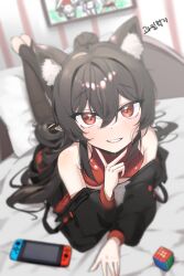 Rule 34 | 1girl, absurdres, animal ear fluff, animal ears, artist request, bare shoulders, bed, black choker, black hair, black jacket, black thighhighs, blurry, choker, commission, depth of field, grin, highres, jacket, legs up, long hair, looking at viewer, lying, nintendo switch, off shoulder, on bed, on stomach, original, podo (hrodvitnir), pointy ears, ponytail, red eyes, red shirt, rubik&#039;s cube, second-party source, shirt, sleeveless, sleeveless shirt, smile, solo, thighhighs, toeless legwear, very long hair, wolf ears