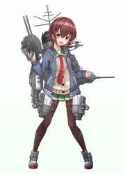 Rule 34 | 1girl, adapted costume, adapted turret, argyle, argyle clothes, argyle legwear, beige cardigan, blue jacket, brown hair, cannon, cardigan, commentary request, crescent, crescent pin, full body, gradient hair, green skirt, highres, jacket, kantai collection, looking at viewer, machinery, minosu, multicolored hair, mutsuki (kancolle), necktie, original remodel (kantai collection), pantyhose, pleated skirt, red hair, red necktie, school uniform, serafuku, short hair, simple background, skirt, smokestack, solo, standing, torpedo launcher, turret, white background