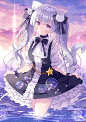 Rule 34 | animal ears, black bow, black bowtie, blunt bangs, blush, bow, bowtie, breasts, bubble, cat ears, cat girl, cat hair ornament, cat tail, clothes lift, dress, dress lift, evening, frilled dress, frilled sleeves, frills, hair bow, hair ornament, hoshino koucha, lifted by self, long hair, medium breasts, original, partially submerged, pinafore dress, purple eyes, silver hair, sky, sleeveless dress, smile, snowflakes, standing, tail, tail raised, thighs, twintails, very long hair, wading, water, white dress, wristband