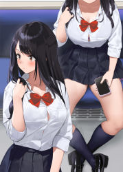 Rule 34 | 1girl, black footwear, black hair, black skirt, bow, bowtie, brown eyes, button gap, cellphone, head out of frame, holding, holding phone, kaisen chuui, loafers, long hair, looking to the side, multiple views, original, parted bangs, phone, pleated skirt, red bow, red bowtie, shirt, shoes, sitting, skirt, white shirt