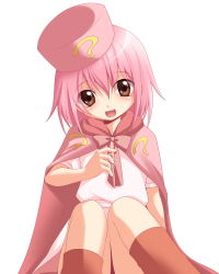 Rule 34 | 1girl, benesse, boots, cape, fang, hat, hatena yousei, jyuru, pink hair, pink hat, solo