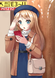 Rule 34 | 1girl, alternate costume, bag, blonde hair, blue dress, blue eyes, blue headwear, brown coat, cellphone, coat, commentary request, cowboy shot, dress, jervis (kancolle), kantai collection, long hair, mayura (lucadia), open mouth, phone, sign, solo, standing