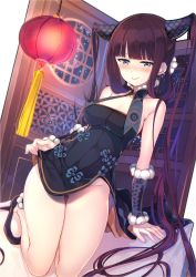 Rule 34 | 1girl, bare shoulders, bed sheet, black dress, blue eyes, blunt bangs, breasts, china dress, chinese clothes, clothes lift, commentary request, covered navel, detached sleeves, double bun, dress, dress lift, fate/grand order, fate (series), flute, groin, hair bun, hair ornament, highres, indoors, instrument, kneeling, leaf hair ornament, lifted by self, light smile, long hair, looking at viewer, mayusaki yuu, no panties, partially visible vulva, pelvic curtain, purple hair, sideboob, sidelocks, thighs, twintails, very long hair, window, yang guifei (fate), yang guifei (second ascension) (fate)