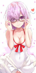 Rule 34 | 1girl, adjusting eyewear, bare arms, bare shoulders, black-framed eyewear, blush, breasts, cleavage, collarbone, covered navel, dress, eyes visible through hair, fate/grand order, fate (series), glasses, hair over one eye, heart, highres, light purple hair, looking at viewer, mash kyrielight, mash kyrielight (swimsuit of perpetual summer), medium breasts, nigouu, official alternate costume, one-piece swimsuit, petals, purple eyes, red ribbon, ribbon, short hair, simple background, sleeveless, sleeveless dress, smile, solo, speech bubble, spoken heart, sundress, swimsuit, upper body, white background, white dress, white one-piece swimsuit