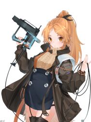 Rule 34 | 1girl, absurdres, aran sweater, arknights, black jacket, black thighhighs, blue skirt, brown sweater, buttons, cable, cable knit, cowboy shot, feather hair, garter straps, gun, highres, holding, holding gun, holding weapon, jacket, light blush, long hair, looking at viewer, mole, mole under eye, nail gun, open clothes, open jacket, orange eyes, orange hair, pinecone (arknights), ponytail, rysp, simple background, skirt, solo, suspender skirt, suspenders, sweater, thighhighs, weapon, white background