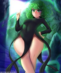 Rule 34 | 1girl, black dress, blush, breasts, covered erect nipples, curly hair, dress, green eyes, green hair, highres, impossible clothes, impossible dress, looking at viewer, no panties, one-punch man, pelvic curtain, shiny skin, short hair, smile, solo, tatsumaki, thighs, twistedscarlett60
