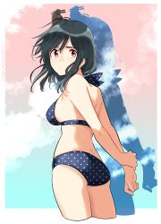 Rule 34 | 1girl, alternate costume, arms behind back, bikini, black hair, blue bikini, cloud, cowboy shot, cropped legs, from behind, hair ornament, kantai collection, looking back, looking to the side, multicolored background, polka dot, polka dot bikini, red eyes, sagamiso, shadow, short hair, solo, standing, swimsuit, yamashiro (kancolle)