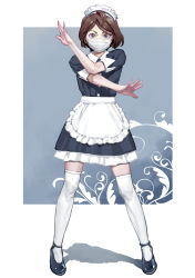Rule 34 | 1girl, apron, black footwear, blue dress, brown hair, buttons, covered mouth, crossed arms, dress, frilled apron, frills, full body, hands up, highres, inamitsu shinji, looking at viewer, maid headdress, mask, mouth mask, original, purple eyes, shadow, short hair, short sleeves, sleeve cuffs, solo, standing, surgical mask, tareme, thighhighs, waist apron, white apron, white thighhighs, zettai ryouiki