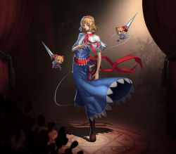 Rule 34 | 1girl, alice margatroid, artist request, backlighting, bad id, bad pixiv id, blonde hair, blue dress, blue eyes, blurry, book, boots, bow, breasts, brown footwear, bush, capelet, curtains, depth of field, dress, grimoire of alice, hair bow, hairband, hand up, highres, holding, holding book, hourai doll, knee boots, lance, lips, magic circle, medium breasts, nose, polearm, red dress, ribbon, shadow, shanghai doll, short hair, smile, solo, standing, thread, touhou, weapon, wilnus, wind