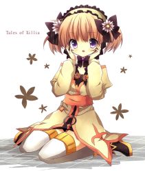Rule 34 | 1girl, :o, bad id, bad pixiv id, belt, bow, brown hair, choker, coat, female focus, flower, full body, hair flower, hair ornament, hair ribbon, hairband, hands on own face, jewelry, kneeling, leia rolando, purple eyes, ribbon, shoes, short hair, short twintails, solo, surprised, tales of (series), tales of xillia, thighhighs, twintails, yukiyukidaihuku