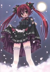 Rule 34 | 1girl, bow, bunches, bunching hair, dress, goth fashion, gothic lolita, highres, kobuichi, lolita fashion, moon, muririn, night, non-web source, red eyes, red hair, skirt basket, solo, source request, twintails