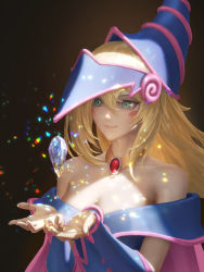 Rule 34 | 1girl, bare shoulders, blonde hair, blush stickers, breasts, choker, cleavage, collarbone, crystal, dark magician girl, duel monster, floating, green eyes, hands up, hat, highres, long hair, pentacle, smile, solo, suranaki, upper body, yu-gi-oh!