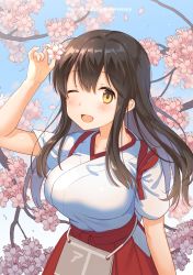 Rule 34 | 1girl, ;d, akagi (kancolle), anniversary, apron, blue sky, breasts, brown eyes, brown hair, cherry blossoms, day, flower, fukuroumori, hakama, hakama short skirt, hakama skirt, highres, holding, holding flower, japanese clothes, kantai collection, large breasts, long hair, looking at viewer, one eye closed, open mouth, red skirt, skirt, sky, smile, solo, straight hair, tasuki