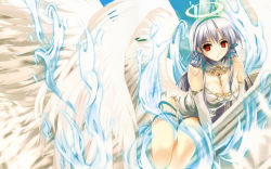 Rule 34 | 1girl, angel, angel wings, arched back, arm support, bare shoulders, between breasts, blue fire, blurry, breasts, bridal garter, cleavage, cloud, copyright request, depth of field, detached collar, dress, elbow gloves, empty eyes, fire, frills, frown, gloves, glowing, grey hair, hair ribbon, hairband, halo, highres, jewelry, large breasts, leaning, long hair, looking at viewer, lying, misaki kurehito, multiple wings, oil-paper umbrella, outdoors, parted bangs, red eyes, ribbon, rooftop, seraph, sidelocks, sky, solo, thighs, turtleneck, umbrella, very long hair, wallpaper, wings