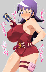 Rule 34 | 1girl, ;), alternate breast size, armpit crease, bare shoulders, belt, blush, breasts, card, choker, closed mouth, covered erect nipples, curvy, dress, duel masters, fingerless gloves, gloves, highres, holding, holding card, jewelry, kani club, large breasts, long hair, looking at viewer, one eye closed, purple eyes, purple hair, smile, solo, tasogare mimi