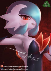 Rule 34 | 1girl, alternate color, armpits, backless dress, backless outfit, bare shoulders, black dress, black gloves, blue hair, blush, bob cut, breasts, collarbone, colored skin, creatures (company), cropped, dress, elbow gloves, female focus, game freak, gardevoir, gen 3 pokemon, gloves, hair over one eye, half-closed eyes, happy, highres, lips, looking at viewer, medium breasts, mega gardevoir, mega pokemon, nintendo, one eye covered, open mouth, patreon logo, patreon username, pokemon, pokemon (creature), red background, red eyes, shiny pokemon, shiny skin, short hair, signature, smile, solo focus, standing, strapless, strapless dress, subscribestar logo, subscribestar username, teeth, terithes, upper body, watermark, web address, white skin