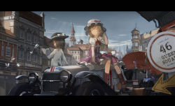 Rule 34 | 2girls, bird, blonde hair, book, boots, bow, brown eyes, brown footwear, brown hair, building, car, city, day, dress, hand in own hair, hat, hat bow, headlight, highres, holding, holding book, letterboxed, long hair, maribel hearn, mob cap, motor vehicle, multiple girls, necktie, novelance, oil-paper umbrella, open book, puffy short sleeves, puffy sleeves, purple dress, red bow, road sign, scenery, short hair, short sleeves, sign, sitting, sitting on object, sky, touhou, umbrella, usami renko, white bow, white hat