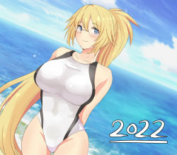 Rule 34 | 1girl, 2022, bad id, bad pixiv id, black one-piece swimsuit, blonde hair, blue eyes, blue sky, breasts, cloud, competition swimsuit, covered navel, day, fate/grand order, fate (series), glasses, highres, jeanne d&#039;arc (fate), jeanne d&#039;arc (swimsuit archer) (fate), jeanne d&#039;arc (swimsuit archer) (second ascension) (fate), large breasts, long hair, multicolored clothes, multicolored swimsuit, ocean, one-piece swimsuit, outdoors, pachio, ponytail, sky, solo, swimsuit, very long hair, white one-piece swimsuit