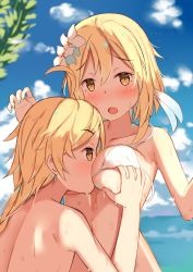 Rule 34 | 1boy, 1girl, aether (genshin impact), bad id, bad pixiv id, beach, blonde hair, blue sky, blush, braid, braided ponytail, grabbing another&#039;s breast, breast smother, breasts, brother and sister, cloud, cloudy sky, day, face to breasts, flower, genshin impact, grabbing, h-alice, hair flower, hair ornament, highres, incest, looking at viewer, lumine (genshin impact), medium breasts, nail polish, open mouth, siblings, sky, twincest, twins, underboob, upper body, wet, yellow eyes