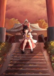 Rule 34 | 1girl, ascot, black footwear, black hair, bow, closed mouth, corrupted twitter file, detached sleeves, elbow rest, full body, hair bow, hair tubes, hakurei reimu, head rest, highres, looking at viewer, medium hair, mouryou (chimimouryou), nontraditional miko, outdoors, red bow, red eyes, shrine, sitting, sky, smile, socks, solo, stairs, torii, touhou, tree, white socks, wide sleeves, yellow ascot