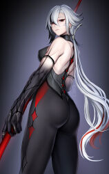 Rule 34 | 1girl, arlecchino (genshin impact), ass, black bodysuit, black eyes, black hair, black hands, bodysuit, breasts, closed mouth, colored extremities, crimson moon&#039;s semblance (genshin impact), earrings, genshin impact, gradient background, grey hair, hair between eyes, highres, holding, holding polearm, holding weapon, jewelry, large breasts, long hair, looking at viewer, low ponytail, multicolored hair, polearm, red hair, red pupils, shibanme tekikumo, signature, simple background, solo, streaked hair, symbol-shaped pupils, very long hair, weapon, x-shaped pupils