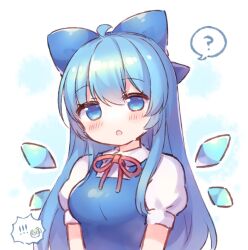 Rule 34 | !, !!, 1girl, ?, ahoge, alternate breast size, alternate hair length, alternate hairstyle, blue bow, blue dress, blue eyes, blue hair, blush, bow, chibi, chibi inset, cirno, coa (chroo x), collared shirt, daiyousei, detached wings, dress, fairy, hair between eyes, hair bow, ice, ice wings, long hair, open mouth, puffy short sleeves, puffy sleeves, shirt, short sleeves, solo, spoken question mark, touhou, upper body, white shirt, wings